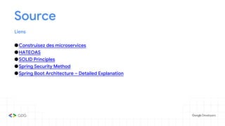Source
Liens
●Construisez des microservices
●HATEOAS
●SOLID Principles
●Spring Security Method
●Spring Boot Architecture – Detailed Explanation
 