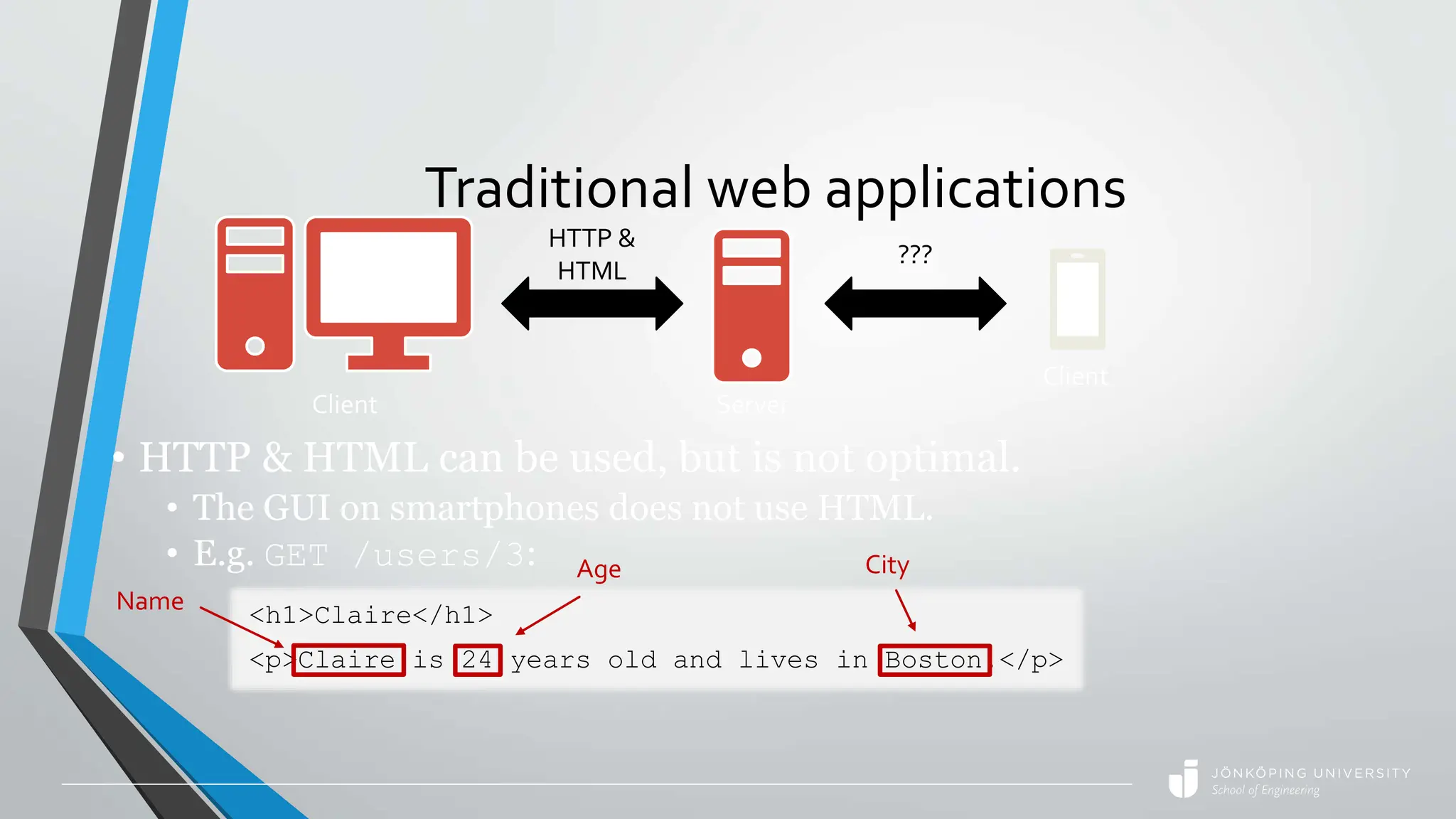 Traditional web applications
Client Server
HTTP &
HTML
Client
???
• HTTP & HTML can be used, but is not optimal.
• The GUI on smartphones does not use HTML.
• E.g. GET /users/3:
<h1>Claire</h1>
<p>Claire is 24 years old and lives in Boston.</p>
Name
Age City
 