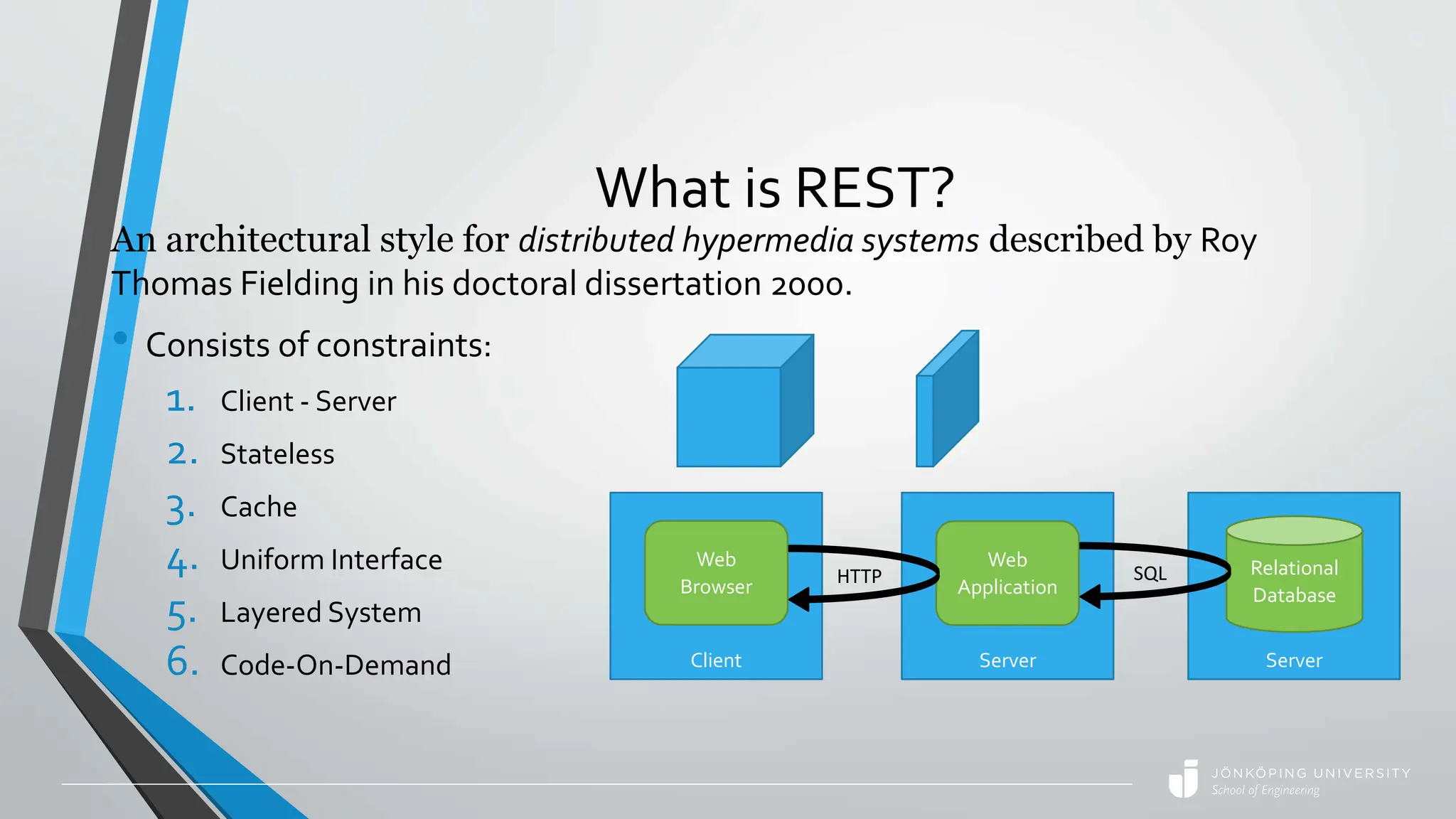 What is REST?
An architectural style for distributed hypermedia systems described by Roy
Thomas Fielding in his doctoral dissertation 2000.
• Consists of constraints:
1. Client - Server
2. Stateless
3. Cache
4. Uniform Interface
5. Layered System
6. Code-On-Demand Client Server Server
Relational
Database
Web
Application
Web
Browser HTTP SQL
 