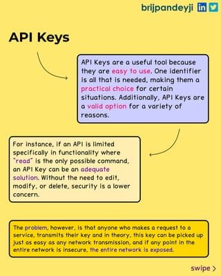 brijpandeyji
swipe
API Keys
API Keys are a useful tool because
they are . One identifier
is all that is needed, making them a
for certain
situations. Additionally, API Keys are
a for a variety of
reasons.
easy to use
practical choice
valid option
For instance, if an API is limited
specifically in functionality where
is the only possible command,
an API Key can be an
. Without the need to edit,
modify, or delete, security is a lower
concern.
“read”
adequate
solution
The , however, is that anyone who makes a request to a
service, transmits their key and in theory, this key can be picked up
just as easy as any network transmission, and if any point in the
entire network is insecure, .
problem
the entire network is exposed
 