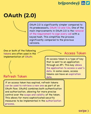 brijpandeyji
swipe
OAuth (2.0)
OAuth 2.0 is significantly simpler compared to
its predecessors, . One of the
main improvements in OAuth 2.0 is the
with a
keyed hash. This simplifies the process
significantly compared to the previous
versions.
OAuth 1.0 and 1.0a
removal
of the requirement to sign every call
One or both of the following
are often used in the
implementation of :
tokens
OAuth
Refresh Token
Access Token
If an access token has expired, refresh tokens
as part of an
OAuth flow. OAuth2 combines both authentication
and authorization, allowing for more precise
control over the of the token.
This allows for more sophisticated security
measures to be implemented in the
.
can be used to retrieve a new one
scope and validity
authorization
process
An access token is a type of key
that is sent to an application
through an API. This key
. In some cases, access
tokens can have an
.
allows
the application to access a user's
data
expiration
date
 