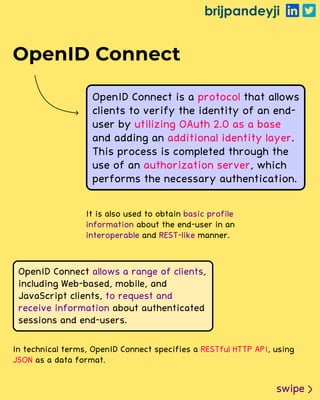 brijpandeyji
swipe
OpenID Connect
OpenID Connect is a that allows
clients to verify the identity of an end-
user by
and adding an .
This process is completed through the
use of an , which
performs the necessary authentication.
protocol
utilizing OAuth 2.0 as a base
additional identity layer
authorization server
It is also used to obtain
about the end-user in an
and manner.
basic profile
information
interoperable REST-like
OpenID Connect ,
including Web-based, mobile, and
JavaScript clients,
about authenticated
sessions and end-users.

allows a range of clients
to request and
receive information
In technical terms, OpenID Connect specifies a , using
as a data format.
RESTful HTTP API
JSON
 