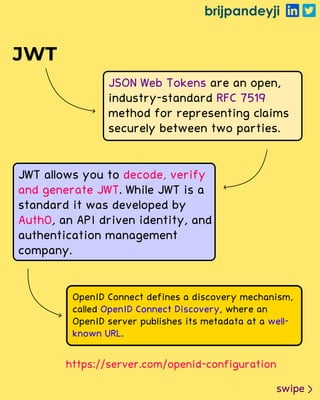 brijpandeyji
swipe
JSON Web Tokens
RFC 7519
are an open,
industry-standard
method for representing claims
securely between two parties.
JWT allows you to
. While JWT is a
standard it was developed by
, an API driven identity, and
authentication management
company.
decode, verify
and generate JWT
Auth0
JWT
OpenID Connect defines a discovery mechanism,
called , where an
OpenID server publishes its metadata at a
.
OpenID Connect Discovery
well-
known URL
https://server.com/openid-configuration
 