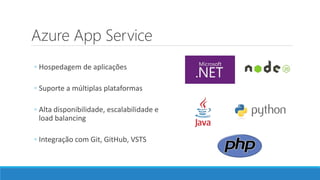 Azure App Service
◦ Hospedagem de aplicações
◦ Suporte a múltiplas plataformas
◦ Alta disponibilidade, escalabilidade e
load balancing
◦ Integração com Git, GitHub, VSTS
 