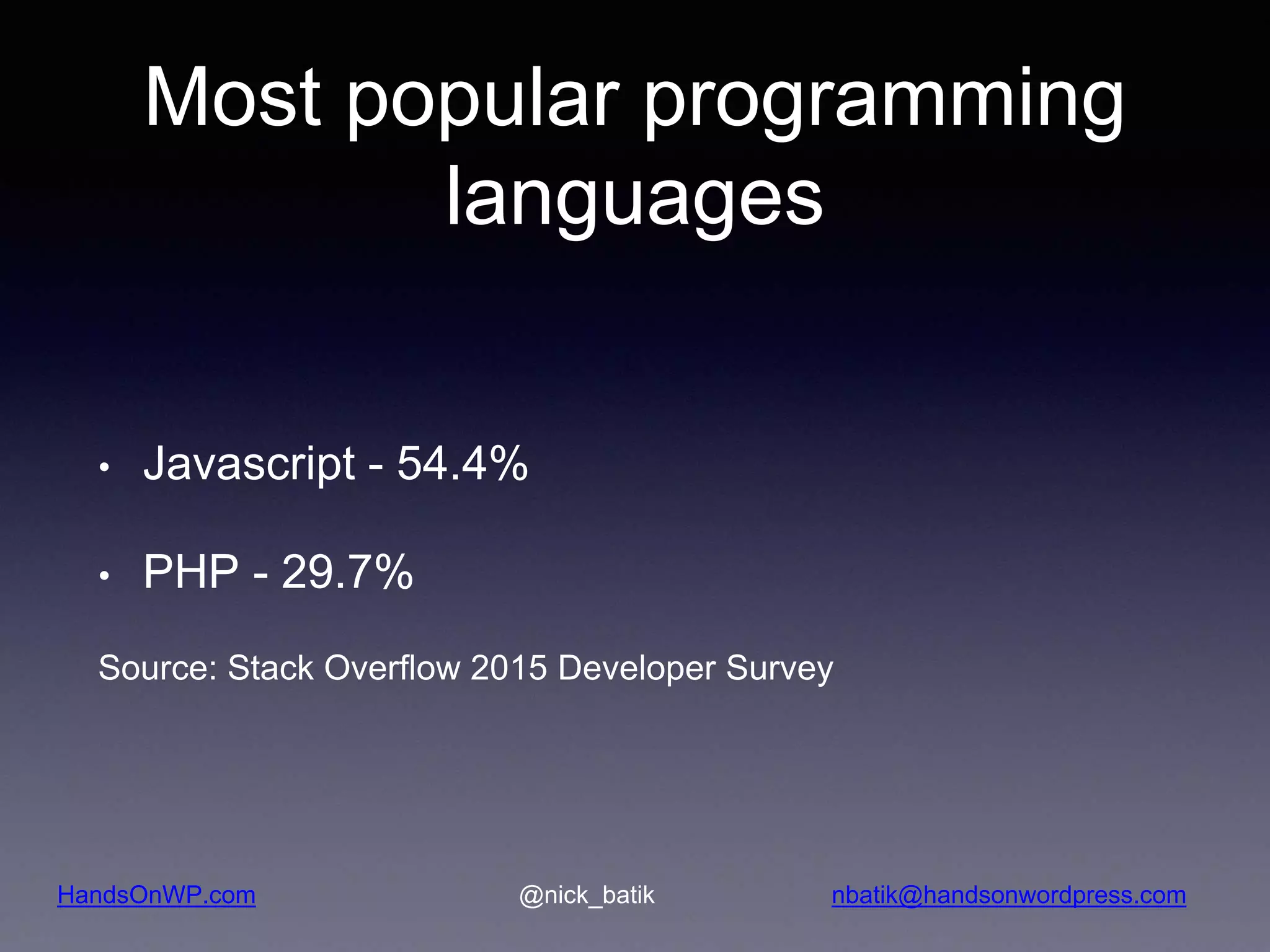 HandsOnWP.com @nick_batik nbatik@handsonwordpress.com Most popular programming languages • Javascript - 54.4% • PHP - 29.7% Source: Stack Overflow 2015 Developer Survey 