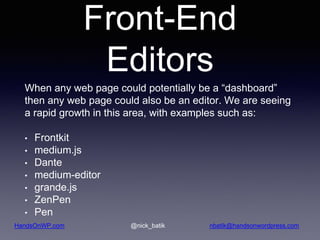 HandsOnWP.com @nick_batik nbatik@handsonwordpress.com
Front-End
Editors
When any web page could potentially be a “dashboar...