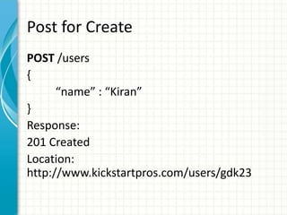 Post for Create
POST /users
{
“name” : “Kiran”
}
Response:
201 Created
Location:
http://www.kickstartpros.com/users/gdk23
 