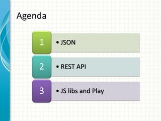 • JSON1
• REST API2
• JS libs and Play3
Agenda
 