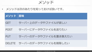 メソッド
Office 365 パワーユーザー向け REST API マスターへの道 p. 12
• メソッドは次のあたりを知っておけば良いです。
メソッド 意味
GET サーバー上のデータやファイルが欲しい
POST サーバーにデータやファイルを送りたい
PUT サーバーのデータやファイルを置き換えたい
DELETE サーバーのデータやファイルを削除したい
 