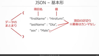 JSON – 基本形
Office 365 パワーユーザー向け REST API マスターへの道 p. 19
{
“firstName” : “Hirofumi”,
“lastName” : ”Ota”,
“sex” : “Male”
}
データの
まとまり
項目名 値
項目の区切り
※最後はカンマなし
 