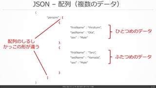 JSON – 配列（複数のデータ）
Office 365 パワーユーザー向け REST API マスターへの道 p. 21
{
“persons” : [
{
“firstName” : “Hirofumi”,
“lastName” : ”Ota”,
“sex” : “Male”
},
{
“firstName” : “Taro”,
“lastName” : ”Yamada”,
“sex” : “Male”
}
]
}
配列のしるし
かっこの形が違う
ひとつめのデータ
ふたつめのデータ
 