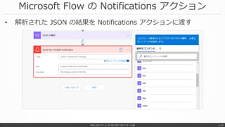 Microsoft Flow の Notifications アクション
Office 365 パワーユーザー向け REST API マスターへの道 p. 32
• 解析された JSON の結果を Notifications アクションに渡す
 