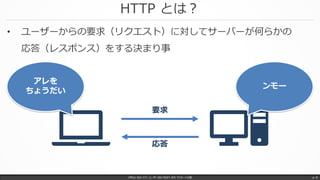 HTTP とは？
Office 365 パワーユーザー向け REST API マスターへの道 p. 8
• ユーザーからの要求（リクエスト）に対してサーバーが何らかの
応答（レスポンス）をする決まり事
アレを
ちょうだい
ンモー
要求
応答
 