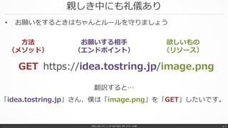 親しき中にも礼儀あり
Office 365 パワーユーザー向け REST API マスターへの道 p. 9
• お願いをするときはちゃんとルールを守りましょう
方法
（メソッド）
お願いする相手
（エンドポイント）
欲しいもの
（リソース）
https://idea.tostring.jp/image.pngGET
翻訳すると…
「idea.tostring.jp」さん、僕は「image.png」を「GET」したいです。
 
