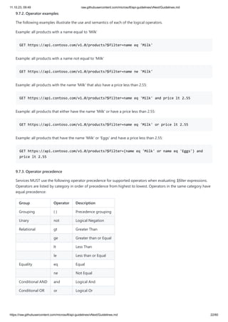 11.10.23, 09:49 raw.githubusercontent.com/microsoft/api-guidelines/vNext/Guidelines.md
https://raw.githubusercontent.com/microsoft/api-guidelines/vNext/Guidelines.md 22/60
9.7.2. Operator examples
The following examples illustrate the use and semantics of each of the logical operators.
Example: all products with a name equal to 'Milk'
GET https://api.contoso.com/v1.0/products?$filter=name eq 'Milk'
Example: all products with a name not equal to 'Milk'
GET https://api.contoso.com/v1.0/products?$filter=name ne 'Milk'
Example: all products with the name 'Milk' that also have a price less than 2.55:
GET https://api.contoso.com/v1.0/products?$filter=name eq 'Milk' and price lt 2.55
Example: all products that either have the name 'Milk' or have a price less than 2.55:
GET https://api.contoso.com/v1.0/products?$filter=name eq 'Milk' or price lt 2.55
Example: all products that have the name 'Milk' or 'Eggs' and have a price less than 2.55:
GET https://api.contoso.com/v1.0/products?$filter=(name eq 'Milk' or name eq 'Eggs') and
price lt 2.55
9.7.3. Operator precedence
Services MUST use the following operator precedence for supported operators when evaluating $filter expressions.
Operators are listed by category in order of precedence from highest to lowest. Operators in the same category have
equal precedence:
Group Operator Description
Grouping ( ) Precedence grouping
Unary not Logical Negation
Relational gt Greater Than
ge Greater than or Equal
lt Less Than
le Less than or Equal
Equality eq Equal
ne Not Equal
Conditional AND and Logical And
Conditional OR or Logical Or
 