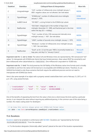 11.10.23, 09:49 raw.githubusercontent.com/microsoft/api-guidelines/vNext/Guidelines.md
https://raw.githubusercontent.com/microsoft/api-guidelines/vNext/Guidelines.md 31/60
DateKind DateValue Colloquial Name & Interpretation More Info
C UnsignedInteger
"CLR"; number of milliseconds since midnight January 1,
0001; negative values are not allowed. See note below.
MSDN
E SignedInteger
"ECMAScript"; number of milliseconds since midnight,
January 1, 1970.
ECMA
International
I Iso8601Literal "ISO 8601"; a string limited to the ECMAScript subset.
O RealNumber
"OLE Date"; integral part is the number of days since
midnight, December 31, 1899, and fractional part is the time
within the day (0.5 = midday).
MSDN
T SignedInteger
"Ticks"; number of ticks (100-nanosecond intervals) since
midnight January 1, 1601. See note below.
MSDN
U SignedInteger "UNIX"; number of seconds since midnight, January 1, 1970. MSDN
W SignedInteger
"Windows"; number of milliseconds since midnight January
1, 1601. See note below.
MSDN
X RealNumber
"Excel"; as for O but the year 1900 is incorrectly treated as a
leap year, and day 0 is "January 0 (zero)".
Microsoft
Support
Important note for C and W kinds: The native CLR and Windows times are represented by 100-nanosecond "tick"
values. To interoperate with ECMAScript clients that have limited precision, these values MUST be converted to and
from milliseconds when (de)serialized as a DateLiteral . One millisecond is equivalent to 10,000 ticks.
Important note for T kind: This kind preserves the full fidelity of the Windows native time formats (and is trivially
convertible to and from the native CLR format) but is incompatible with ECMAScript clients. Therefore, its use
SHOULD be limited to only those scenarios that both require the additional precision and do not need to
interoperate with ECMAScript clients.
Here is the same example of an object with a property named creationDate that is set to February 13, 2015, at 1:15
p.m. UTC, using several formats:
[
{ "creationDate" : { "kind" : "O", "value" : 42048.55 } },
{ "creationDate" : { "kind" : "E", "value" : 1423862100000 } }
]
One of the benefits of separating the kind from the value is that once a client knows the kind used by a particular
service, it can interpret the value without requiring any additional parsing. In the common case of the value being a
number, this makes coding easier for developers:
// We know this service always gives out ECMAScript-format dates
var date = new Date(serverResponse.someObject.creationDate.value);
11.4. Durations
Durations need to be serialized in conformance with ISO 8601. Durations are "represented by the format
P[n]Y[n]M[n]DT[n]H[n]M[n]S ." From the standard:
P is the duration designator (historically called "period") placed at the start of the duration representation.
 