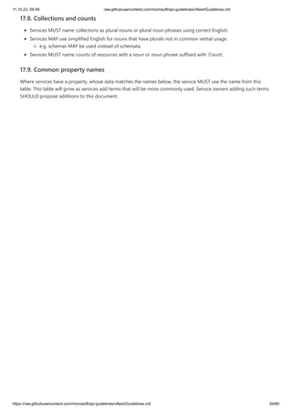 11.10.23, 09:49 raw.githubusercontent.com/microsoft/api-guidelines/vNext/Guidelines.md
https://raw.githubusercontent.com/microsoft/api-guidelines/vNext/Guidelines.md 55/60
17.8. Collections and counts
Services MUST name collections as plural nouns or plural noun phrases using correct English.
Services MAY use simplified English for nouns that have plurals not in common verbal usage.
e.g. schemas MAY be used instead of schemata.
Services MUST name counts of resources with a noun or noun phrase suffixed with 'Count'.
17.9. Common property names
Where services have a property, whose data matches the names below, the service MUST use the name from this
table. This table will grow as services add terms that will be more commonly used. Service owners adding such terms
SHOULD propose additions to this document.
 