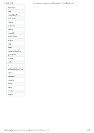 11.10.23, 09:49 raw.githubusercontent.com/microsoft/api-guidelines/vNext/Guidelines.md
https://raw.githubusercontent.com/microsoft/api-guidelines/vNext/Guidelines.md 56/60
attendees
body
createdDateTime
childCount
children
contentUrl
country
createdBy
displayName
errorUrl
eTag
event
expirationDateTime
givenName
jobTitle
kind
id
lastModifiedDateTime
location
memberOf
message
name
owner
people
person
 