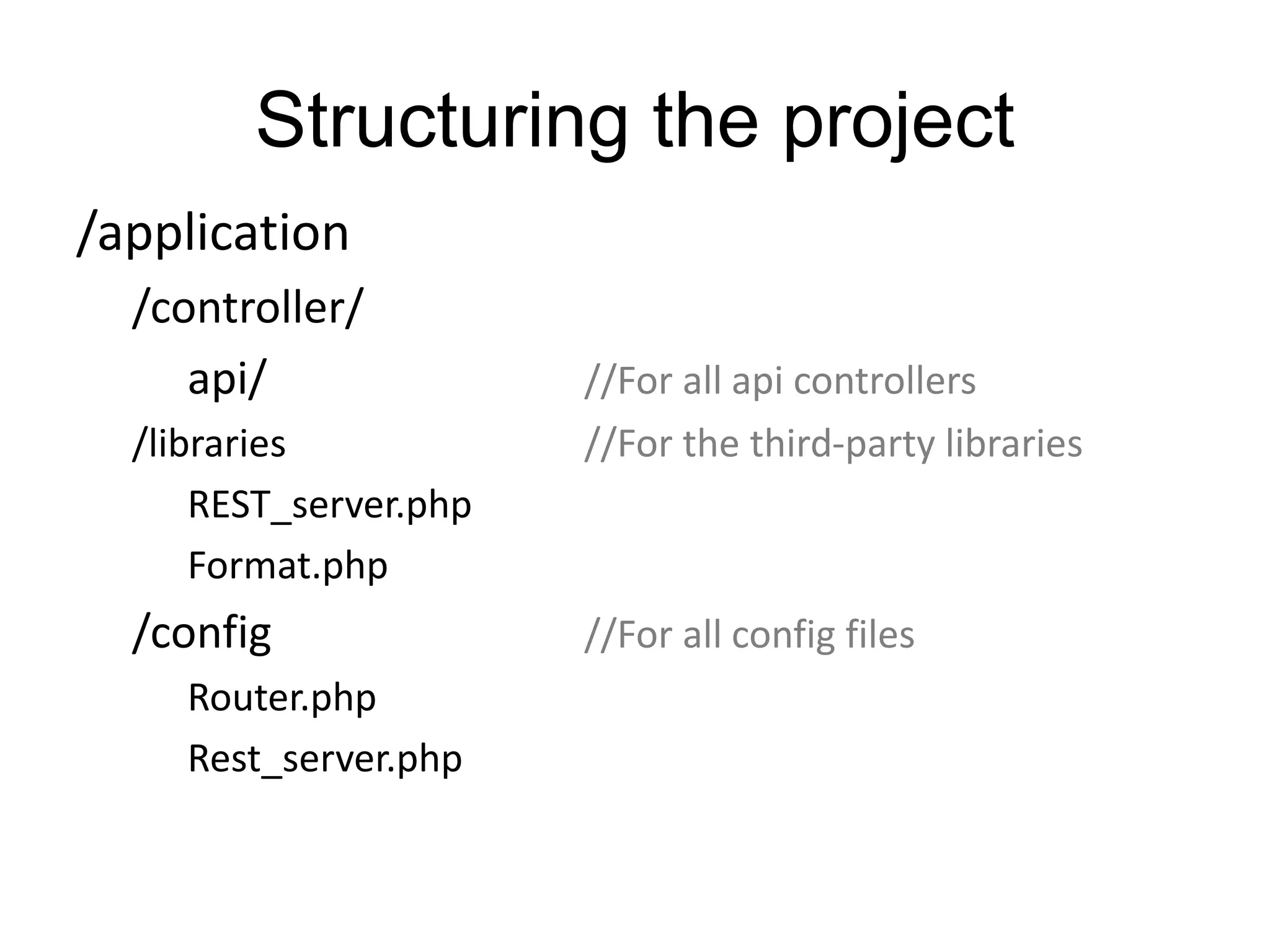 Structuring the project 
/application 
/controller/ 
api/ //For all api controllers 
/libraries //For the third-party libraries 
REST_server.php 
Format.php 
/config //For all config files 
Router.php 
Rest_server.php 
 