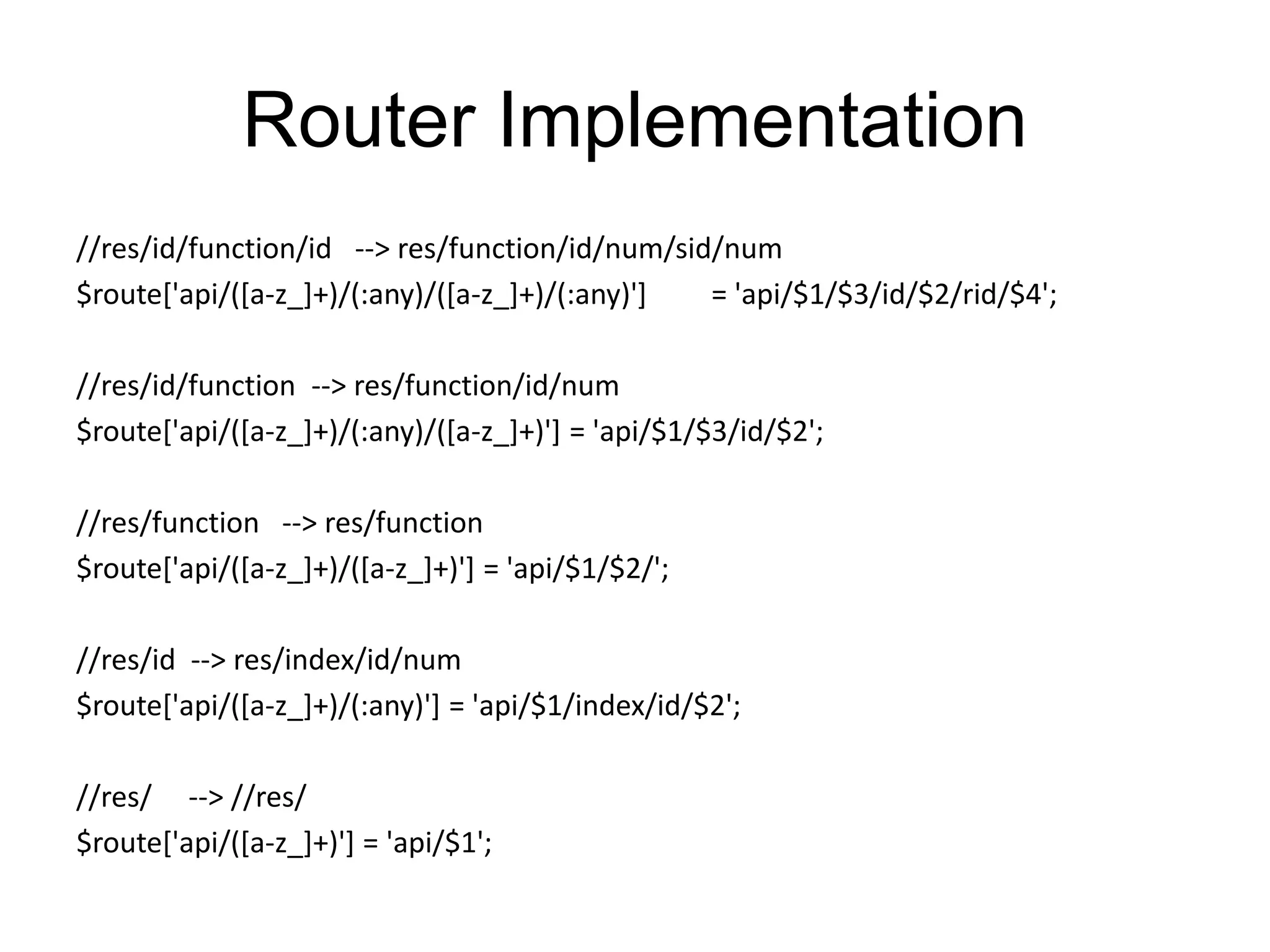 Router Implementation 
//res/id/function/id --> res/function/id/num/sid/num 
$route['api/([a-z_]+)/(:any)/([a-z_]+)/(:any)'] = 'api/$1/$3/id/$2/rid/$4'; 
//res/id/function --> res/function/id/num 
$route['api/([a-z_]+)/(:any)/([a-z_]+)'] = 'api/$1/$3/id/$2'; 
//res/function --> res/function 
$route['api/([a-z_]+)/([a-z_]+)'] = 'api/$1/$2/'; 
//res/id --> res/index/id/num 
$route['api/([a-z_]+)/(:any)'] = 'api/$1/index/id/$2'; 
//res/ --> //res/ 
$route['api/([a-z_]+)'] = 'api/$1'; 
 