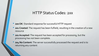 HTTP Status Codes: 2xx
• 200 OK: Standard response for successful HTTP request
• 201 Created:The request has been fulfield, resulting in the creation of a new
resource
• 202 Accepted:The request has been accepted for processing, but the
processing has not been complete.
• 204 No Content:The server successfully processed the request and is to
returning any content
 