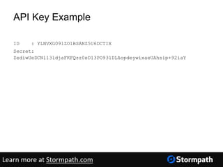 API Key Example
ID : YLNVXG091ZO1BSANZ5U6DCTIX
Secret:
ZediwUeDCNl13ldjaFKFQzz0eD13PO931DLAopdeywixaeUAhsip+92iaY
Learn more at Stormpath.com
 