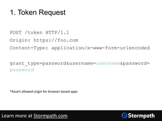 1. Token Request
POST /token HTTP/1.1
Origin: https://foo.com
Content-Type: application/x-www-form-urlencoded
grant_type=password&username=username&password=
password
*Assert allowed origin for browser-based apps
Learn more at Stormpath.com
 