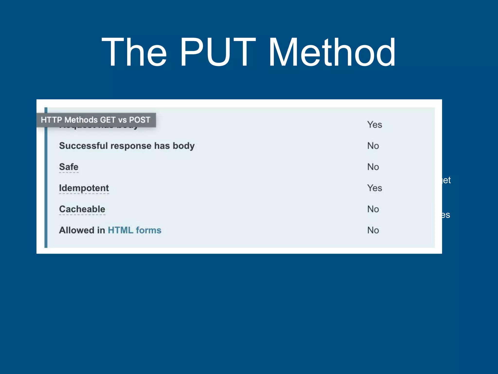 The PUT Method
• The HTTP PUT request method creates a new resource or replaces a representation of the target
resource with the request payload.
• The difference between PUT and POST is that PUT is idempotent: calling it once or several times
successively has the same effect (that is no side effect), where successive identical POST may
have additional effects, like passing an order several times.
 