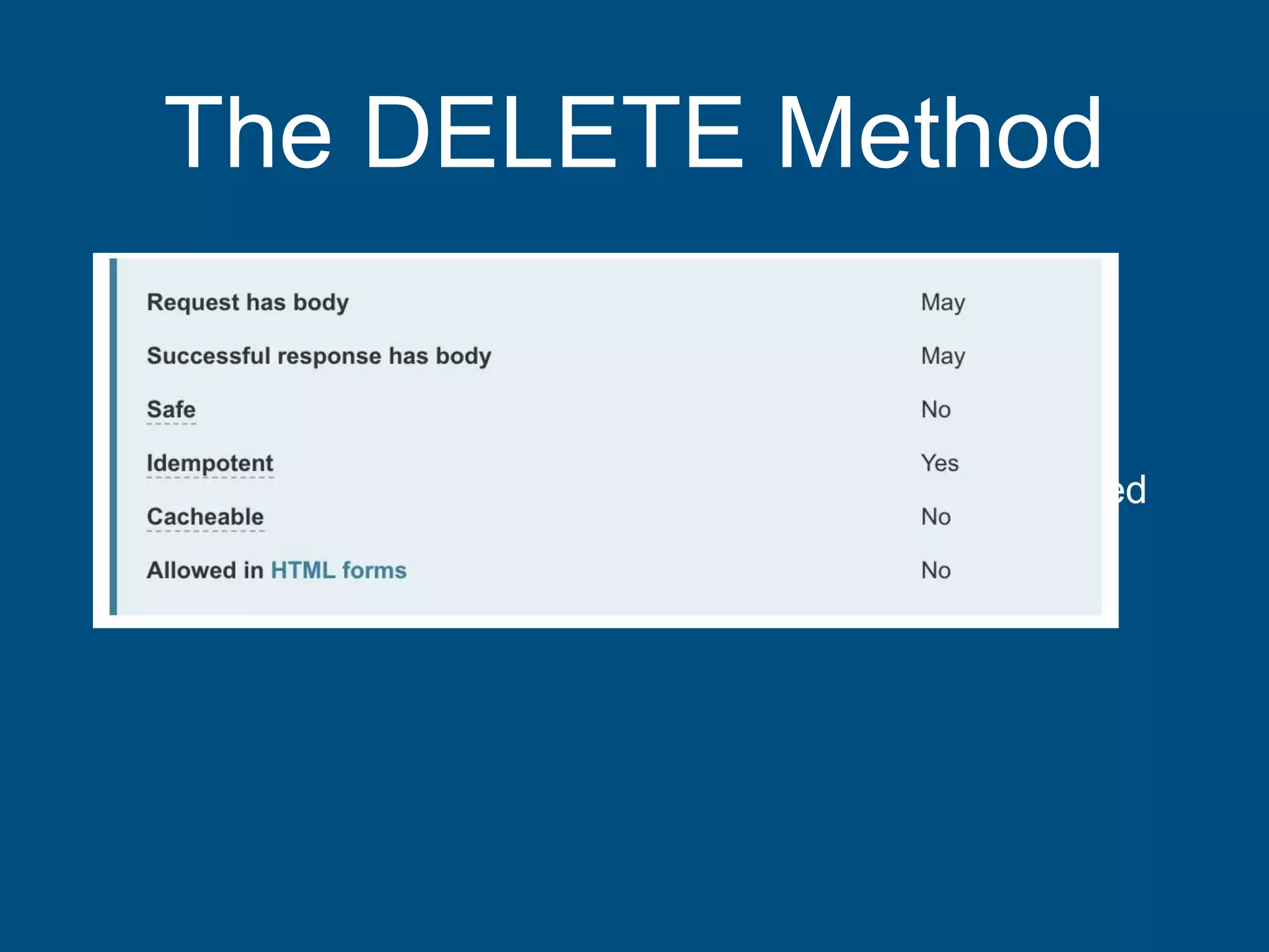 The DELETE Method
• The HTTP DELETE request method deletes the specified
resource.
 