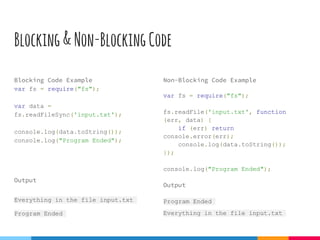 Blocking&Non-BlockingCode
Blocking Code Example
var fs = require("fs");
var data =
fs.readFileSync('input.txt');
console.log(data.toString());
console.log("Program Ended");
Output
Everything in the file input.txt
Program Ended
Non-Blocking Code Example
var fs = require("fs");
fs.readFile('input.txt', function
(err, data) {
if (err) return
console.error(err);
console.log(data.toString());
});
console.log("Program Ended");
Output
Program Ended
Everything in the file input.txt
 