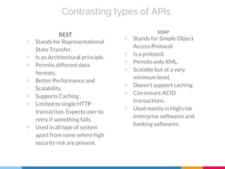 Contrasting types of APIs
REST
▷ Stands for Representational
State Transfer.
▷ Is an Architectural principle.
▷ Permits different data
formats.
▷ Better Performance and
Scalability.
▷ Supports Caching .
▷ Limited to single HTTP
transaction. Expects user to
retry if something fails.
▷ Used in all type of system
apart from some where high
security risk are present.
SOAP
▷ Stands for Simple Object
Access Protocol.
▷ Is a protocol.
▷ Permits only XML.
▷ Scalable but at a very
minimum level.
▷ Doesn’t support caching.
▷ Can ensure ACID
transactions.
▷ Used mostly in High risk
enterprise softwares and
banking softwares.
 
