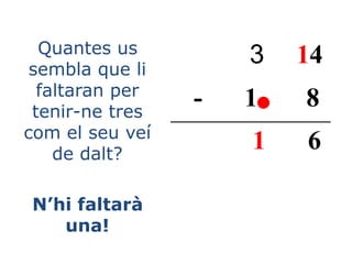 3 14
- 1 8
1 6
Quantes us
sembla que li
faltaran per
tenir-ne tres
com el seu veí
de dalt?
N’hi faltarà
una!
 