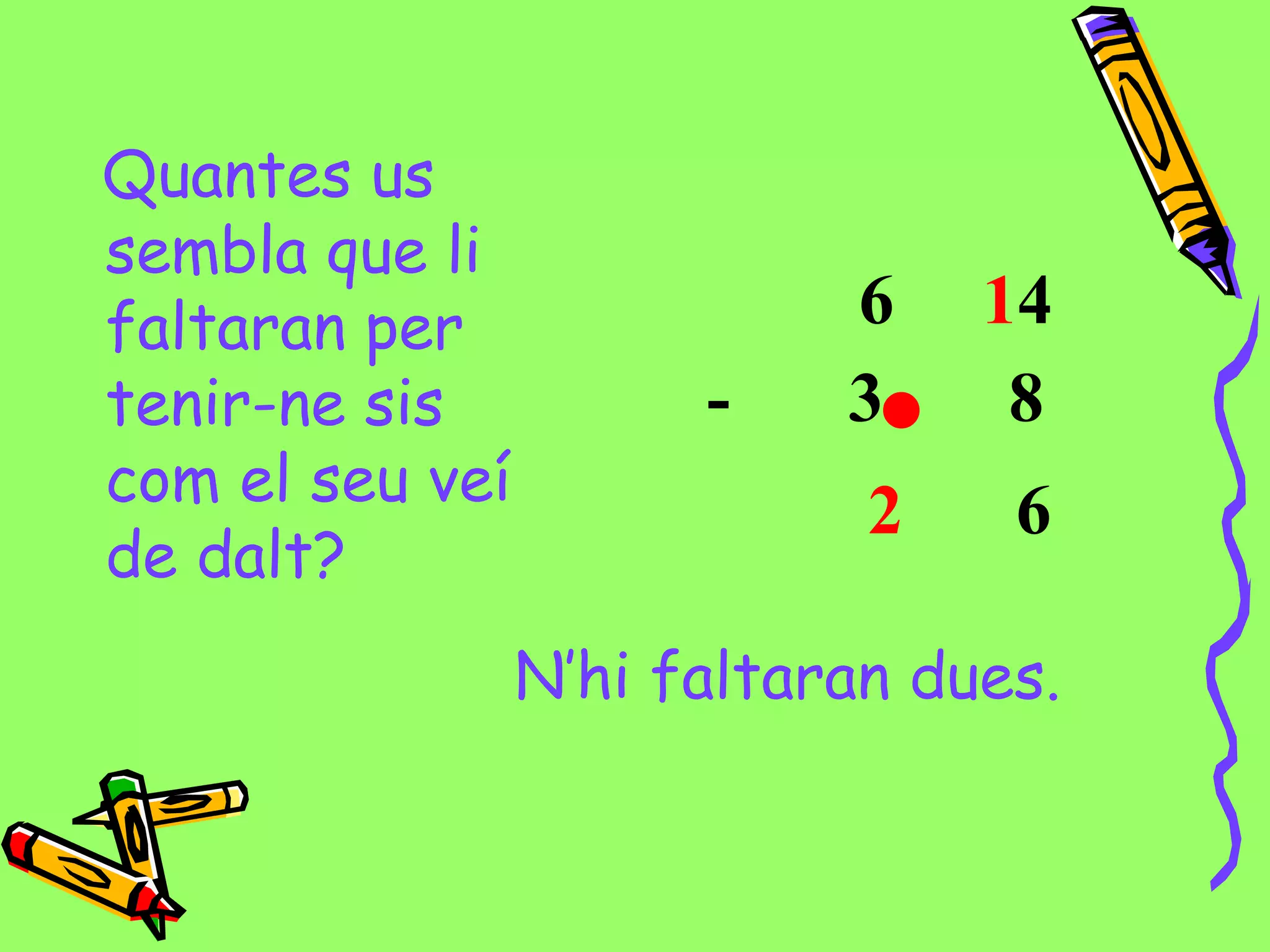 Quantes us
sembla que li
faltaran per
tenir-ne sis
com el seu veí
de dalt?
6 14
- 3 8
2 6
N’hi faltaran dues.
 