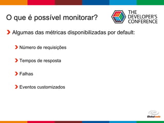 Globalcode – Open4education
O que é possível monitorar?
Algumas das métricas disponibilizadas por default:
Número de requisições
Tempos de resposta
Falhas
Eventos customizados
 