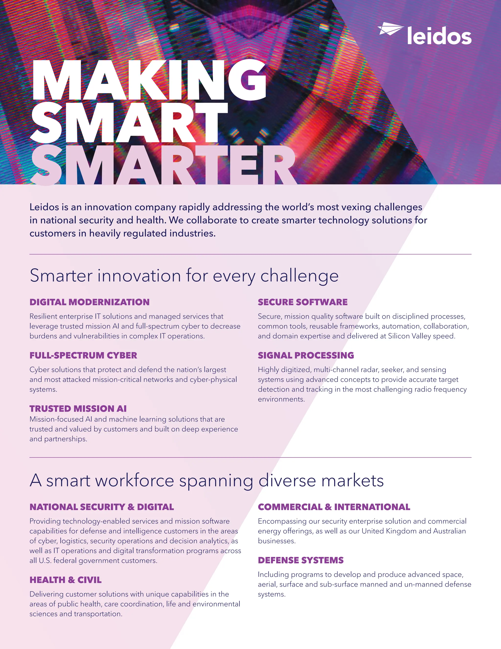 MAKING
SMART
SMARTER
Leidos is an innovation company rapidly addressing the world’s most vexing challenges
in national security and health. We collaborate to create smarter technology solutions for
customers in heavily regulated industries.
Smarter innovation for every challenge
DIGITAL MODERNIZATION
Resilient enterprise IT solutions and managed services that
leverage trusted mission AI and full-spectrum cyber to decrease
burdens and vulnerabilities in complex IT operations.
FULL-SPECTRUM CYBER
Cyber solutions that protect and defend the nation’s largest
and most attacked mission-critical networks and cyber-physical
systems.
TRUSTED MISSION AI
Mission-focused AI and machine learning solutions that are
trusted and valued by customers and built on deep experience
and partnerships.
SECURE SOFTWARE
Secure, mission quality software built on disciplined processes,
common tools, reusable frameworks, automation, collaboration,
and domain expertise and delivered at Silicon Valley speed.
SIGNAL PROCESSING
Highly digitized, multi-channel radar, seeker, and sensing
systems using advanced concepts to provide accurate target
detection and tracking in the most challenging radio frequency
environments.
A smart workforce spanning diverse markets
NATIONAL SECURITY & DIGITAL
Providing technology-enabled services and mission software
capabilities for defense and intelligence customers in the areas
of cyber, logistics, security operations and decision analytics, as
well as IT operations and digital transformation programs across
all U.S. federal government customers.
HEALTH & CIVIL
Delivering customer solutions with unique capabilities in the
areas of public health, care coordination, life and environmental
sciences and transportation.
COMMERCIAL & INTERNATIONAL
Encompassing our security enterprise solution and commercial
energy offerings, as well as our United Kingdom and Australian
businesses.
DEFENSE SYSTEMS
Including programs to develop and produce advanced space,
aerial, surface and sub-surface manned and un-manned defense
systems.
 