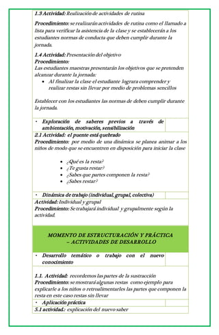 1.3 Actividad: Realizaciónde actividades de rutina
Procedimiento: serealizaránactividades de rutina como el llamado a
lista para verificar la asistencia de la clase y se establecerán a los
estudiantes normas de conducta que deben cumplir durante la
jornada.
1.4 Actividad: Presentacióndel objetivo
Procedimiento:
Las estudiantes maestras presentarán los objetivos que se pretenden
alcanzar durante la jornada:
 Al finalizar la clase el estudiante lograra comprender y
realizar restas sin llevar por medio de problemas sencillos
Establecer con los estudiantes las normas de deben cumplir durante
la jornada.
• Exploración de saberes previos a través de
ambientación, motivación, sensibilización
2.1 Actividad: el puente está quebrado
Procedimiento: por medio de una dinámica se planea animar a los
niños de modo que se encuentren en disposición para iniciar la clase
 ¿Qué es la resta?
 ¿Te gusta restar?
 ¿Sabes que partes componen la resta?
 ¿Sabes restar?
• Dinámica de trabajo (individual, grupal, colectiva)
Actividad: Individual y grupal
Procedimiento: Setrabajará individual y grupalmente según la
actividad.
MOMENTO DE ESTRUCTURACIÓN Y PRÁCTICA
– ACTIVIDADES DE DESARROLLO
• Desarrollo temático o trabajo con el nuevo
conocimiento
1.1. Actividad: recordemos las partes de la sustracción
Procedimiento: semostraráalgunas restas como ejemplo para
explicarle a los niños o retroalimentarles las partes que componen la
resta en este caso restas sin llevar
• Aplicación práctica
5.1 actividad.: explicación del nuevo saber
 