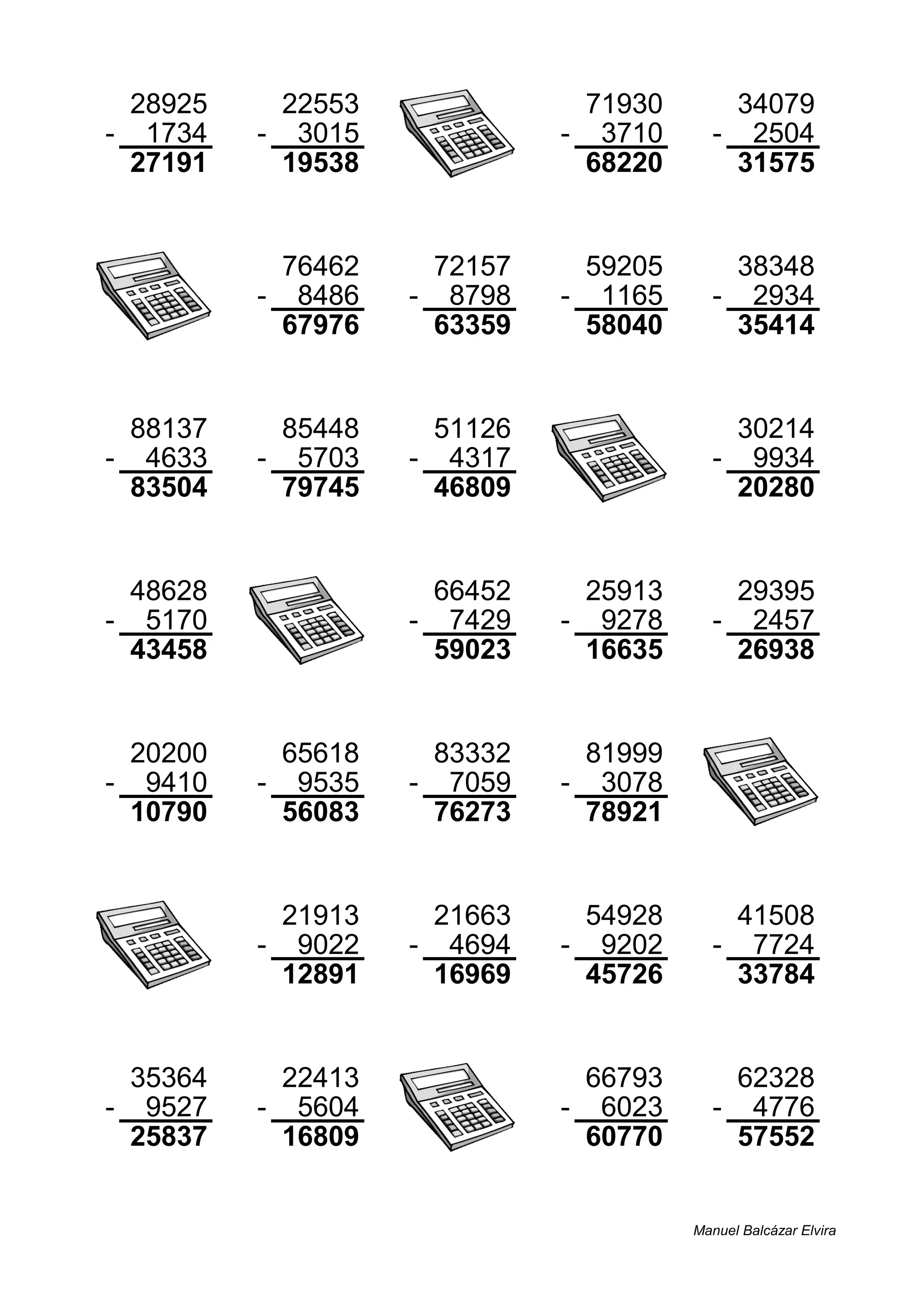 28925 22553 71930 34079
- 1734 - 3015 - 3710 - 2504
27191 19538 68220 31575
76462 72157 59205 38348
- 8486 - 8798 - 1165 - 2934
67976 63359 58040 35414
88137 85448 51126 30214
- 4633 - 5703 - 4317 - 9934
83504 79745 46809 20280
48628 66452 25913 29395
- 5170 - 7429 - 9278 - 2457
43458 59023 16635 26938
20200 65618 83332 81999
- 9410 - 9535 - 7059 - 3078
10790 56083 76273 78921
21913 21663 54928 41508
- 9022 - 4694 - 9202 - 7724
12891 16969 45726 33784
35364 22413 66793 62328
- 9527 - 5604 - 6023 - 4776
25837 16809 60770 57552
Manuel Balcázar Elvira
 