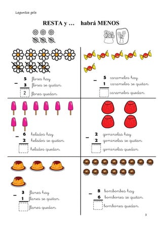 Laguntza gela
3
RESTA y … habrá MENOS
5 flores hay.
3 flores se quitan.
flores quedan.
_
2
5 caramelos hay.
1 caramelos se quitan.
caramelos quedan.
_
6 helados hay.
2 helados se quitan.
helados quedan.
2 gominolas hay.
2 gominolas se quitan.
gominolas quedan.
_ _
3 flanes hay.
1 flanes se quitan.
flanes quedan.
8 bombonbes hay.
6 bombones se quitan.
bombones quedan.
_ _
 