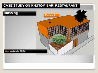 Massing
Flat roof
CASE STUDY ON KHUTOM BARI RESTAURANT
Used rectangle FORM
 