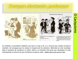 En Carballo, el presidente adelantó una hora el reloj a las 11 y anunció que estaba cerrada la
votación. Así consiguió que no votase la mayoría de los electores. Obtenido así este resultado,
bajo el pretexto de mantener el orden, llamó a la Guardia Civil para que desalojase la sala,
amenazando cn cárcel a los que insistiesen en querer votar. VARIOS. Memoria das eleccións. 1853

 