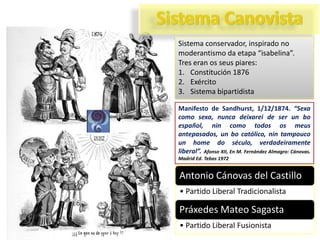 Sistema conservador, inspirado no
moderantismo da etapa “isabelina”.
Tres eran os seus piares:
1. Constitución 1876
2. Exército
3. Sistema bipartidista
Manifesto de Sandhurst, 1/12/1874. “Sexa
como sexa, nunca deixarei de ser un bo
español, nin como todos os meus
antepasados, un bo católico, nin tampouco
un home do século, verdadeiramente
liberal”. Afonso XII, En M. Fernández Almagro: Cánovas.
Madrid Ed. Tebas 1972

Antonio Cánovas del Castillo
• Partido Liberal Tradicionalista

Práxedes Mateo Sagasta
• Partido Liberal Fusionista

 