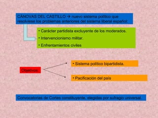 CÁNOVAS DEL CASTILLO    nuevo sistema político que resolviese los problemas anteriores del sistema liberal español: Carácter partidista excluyente de los moderados. Intervencionismo militar. Enfrentamientos civiles Objetivos: Sistema político bipartidista. Pacificación del país Convocatorias de Cortes constituyente, elegidas por sufragio universal. 