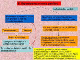 B. Bipartidismo y turno pacífico
Alternancia en el poder de las
dos grandes ramas del
liberalismo español
Conservadores Liberales
Partidos dinásticos
Renuncia a los pronunciamientos
como mecanismo de acceso al poder
Fin a la intervención de los militares
en la vida política
Misión del ejército: Defender la
independencia nacional. Se le otorga
independencia en los asuntos internos
y un elevado presupuesto.
** La política que realizan los dos partidos
gubernamentales no difiere en exceso, ni se ve
entorpecida por la salida del partido en el poder (figura
del “cesante”). La obra legislativa y aplicada tiende a
defender los intereses de la burguesía conservadora.
Su objetivo es asegurar la
estabilidad institucional.
Es posible por la desvirtuación deldesvirtuación del
sistema electoralsistema electoral
La finalidad es también
 