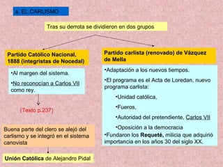 a. EL CARLISMO
Tras su derrota se dividieron en dos grupos
•Al margen del sistema.
•No reconocían a Carlos VII
como rey.
Partido Católico Nacional,
1888 (integristas de Nocedal)
Partido carlista (renovado) de Vázquez
de Mella
•Adaptación a los nuevos tiempos.
•El programa es el Acta de Loredan, nuevo
programa carlista:
•Unidad católica,
•Fueros,
•Autoridad del pretendiente, Carlos VII
•Oposición a la democracia
•Fundaron los Requeté, milicia que adquirió
importancia en los años 30 del siglo XX.
(Texto p.237)
Unión Católica de Alejandro Pidal
Buena parte del clero se alejó del
carlismo y se integró en el sistema
canovista
 