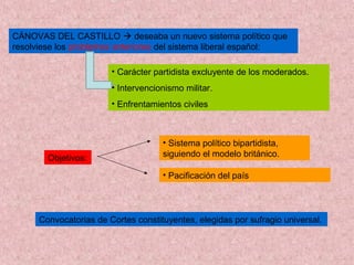 CÁNOVAS DEL CASTILLO  deseaba un nuevo sistema político que
resolviese los problemas anteriores del sistema liberal español:
• Carácter partidista excluyente de los moderados.
• Intervencionismo militar.
• Enfrentamientos civiles
Objetivos:
• Sistema político bipartidista,
siguiendo el modelo británico.
• Pacificación del país
Convocatorias de Cortes constituyentes, elegidas por sufragio universal.
 