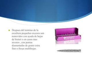 S Despues del termino de la 
escultura pequeños excesos son 
removidos con ayuda de hojas 
de bisturi o en casos mas 
severos , con puntas 
diamantadas de grano extra 
fino o fresas multihojas . 
 