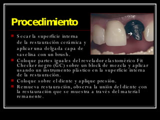 Procedimiento Secar la superficie interna  de la restauración cerámica y  aplicar una delgada capa de  vaselina con un brush. Coloque partes iguales del revelador elastomérico Fit Checker negro (GC) sobre un block de mezcla y aplicar usando un instrumento plástico en la superficie interna de la restauración. Coloque sobre el diente y aplique presión. Remueva restauración, observa la unión del diente con la restauración que se muestra a través del material remanente . 