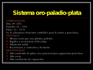Sistema oro-paladio-plata COMPOSICION Oro: 39 -53% Paladio: 25 – 35% Plata: 12 – 22 % Se le adicionan elementos oxidables para la unión a porcelana. VENTAJAS Menor costo que oro, platino, paladio. Rigidez y resistencia al desalojo Altamente noble Resistencia a corrosión y deslustre DESVENTAJAS Alto contenido de plata crea potencial para pigmentar porcelana Alto costo Alto coeficiente de expansión 