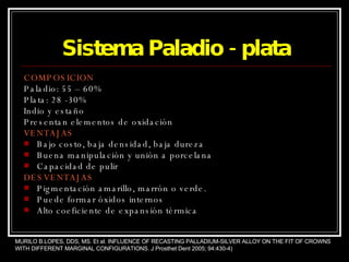 Sistema Paladio - plata COMPOSICION Paladio: 55 – 60% Plata: 28 -30% Indio y estaño Presentan elementos de oxidación VENTAJAS Bajo costo, baja densidad, baja dureza Buena manipulación y unión a porcelana Capacidad de pulir DESVENTAJAS Pigmentación amarillo, marrón o verde. Puede formar óxidos internos Alto coeficiente de expansión térmica MURILO B.LOPES, DDS, MS. Et al. INFLUENCE OF RECASTING PALLADIUM-SILVER ALLOY ON THE FIT OF CROWNS WITH DIFFERENT MARGINAL CONFIGURATIONS. J Prosthet Dent 2005; 94:430-4) 