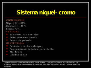 Sistema níquel- cromo COMPOSICION Níquel: 62 – 82% Cromo: 11 – 20 % Berilio: >2%. VENTAJAS Bajo costo, baja densidad Pobre conductor térmico Puede ser grabado DESVENTAJAS Pacientes sensibles al níquel Potencialmente perjudicial por el berilio Alta dureza Dificil de soldar OSSAMU USHIWATA, DDS, MS. MARGINAL FIT OF NICKEL – CHROMIUM COPINGS BEFORE AND AFTER INTERNAL ADJUSTMENTS WITH DUPLICATED STONE DIES AND DISCLOSING AGENT. J Prosthet Dent 2000; 83:634-43. 